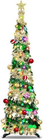[100 Light] 6 Ft Collapsible Christmas Tree, Pop Up Christmas with Lights Warm White & Multicolor 8 Modes Timer Battery Operated Snowflake Tinsel Tree Xmas Decorations for Home Corner Indoor Outdoor in Saudi Arabia