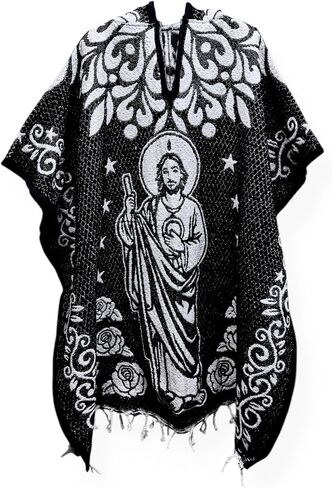 St Jude & Our Lady of Guadalupe White Black Poncho Cape Shawl Blanket San Judas Tadeo Virgen Guadalupe Zarape Gaban Unisex Indigenous Handmade in Saudi Arabia