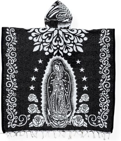 St Jude & Our Lady of Guadalupe White Black Poncho Cape Shawl Blanket San Judas Tadeo Virgen Guadalupe Zarape Gaban Unisex Indigenous Handmade in Saudi Arabia