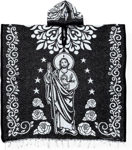 St Jude & Our Lady of Guadalupe White Black Poncho Cape Shawl Blanket San Judas Tadeo Virgen Guadalupe Zarape Gaban Unisex Indigenous Handmade in Saudi Arabia
