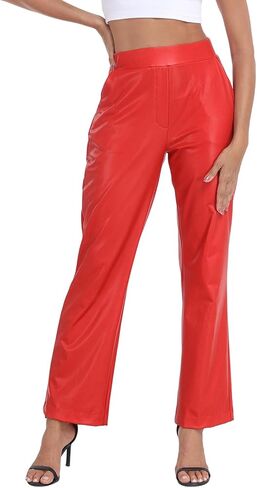 Women's Pull On Faux Leather Pants Black High Waisted PU Leather Kick Flare Pants with Pockets in Saudi Arabia