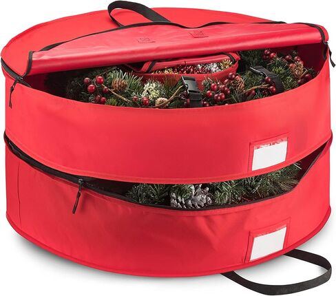 ZOBER Christmas Wreath Storage Container 24 Inch - Wreath Bag Fits 2 Wreaths Box - 600D Oxford Fabric - Interior Compartment for Storing Garlands, Wreaths Storage Bag W Strong Durable Handles - Red in Saudi Arabia