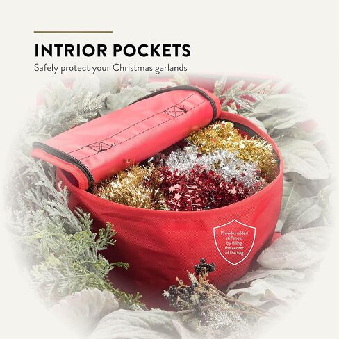 ZOBER Christmas Wreath Storage Container 24 Inch - Wreath Bag Fits 2 Wreaths Box - 600D Oxford Fabric - Interior Compartment for Storing Garlands, Wreaths Storage Bag W Strong Durable Handles - Red in Saudi Arabia