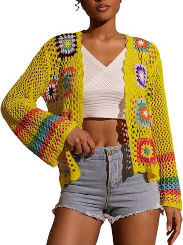 Womens Vintage Crochet Granny Square Cardigan Floral Knitted Y2K Retro Long Sleeve Open Front Boho Chic Sweater in Saudi Arabia