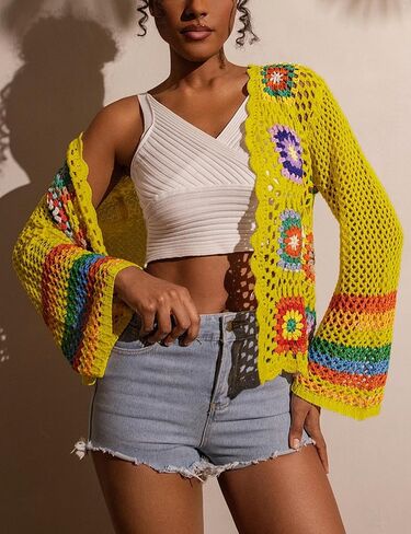 Womens Vintage Crochet Granny Square Cardigan Floral Knitted Y2K Retro Long Sleeve Open Front Boho Chic Sweater in Saudi Arabia