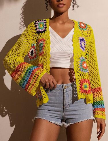 Womens Vintage Crochet Granny Square Cardigan Floral Knitted Y2K Retro Long Sleeve Open Front Boho Chic Sweater in Saudi Arabia