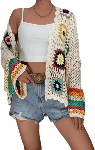 Womens Vintage Crochet Granny Square Cardigan Floral Knitted Y2K Retro Long Sleeve Open Front Boho Chic Sweater in Saudi Arabia