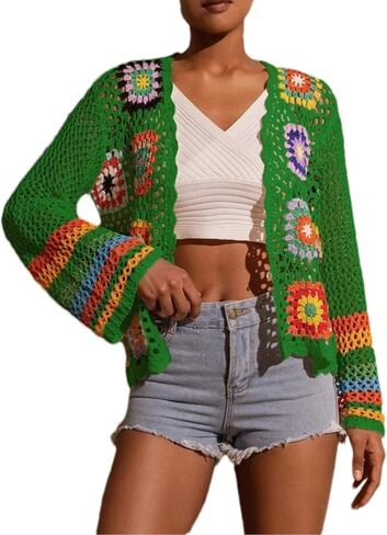 Womens Vintage Crochet Granny Square Cardigan Floral Knitted Y2K Retro Long Sleeve Open Front Boho Chic Sweater in Saudi Arabia
