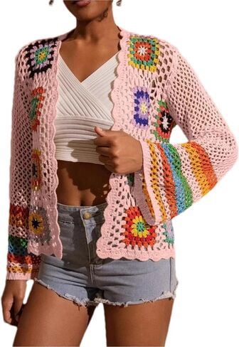 Womens Vintage Crochet Granny Square Cardigan Floral Knitted Y2K Retro Long Sleeve Open Front Boho Chic Sweater in Saudi Arabia