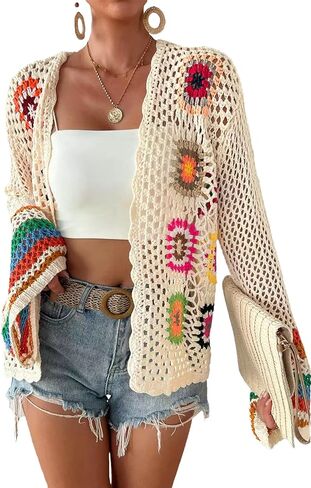 Womens Vintage Crochet Granny Square Cardigan Floral Knitted Y2K Retro Long Sleeve Open Front Boho Chic Sweater in Saudi Arabia