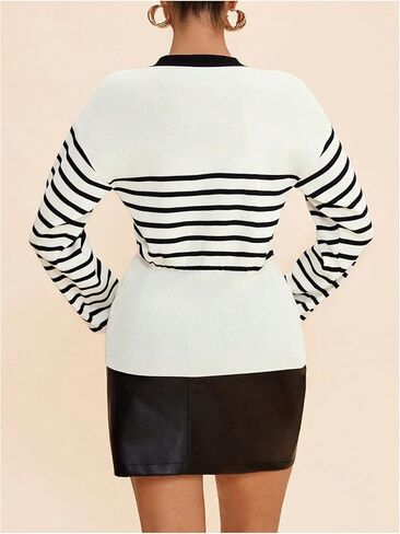 OYOANGLE Women's Metal Button Deep V Neck Striped Cardigan Sweater Long Sleeve Split Hem Dressy Knit Tops in Saudi Arabia