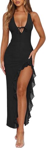 Women's Sexy Wedding Guest Dress Mesh Halter High Slit Ruffle Maxi Dress Formal Cocktail Dresses for Women in Saudi Arabia