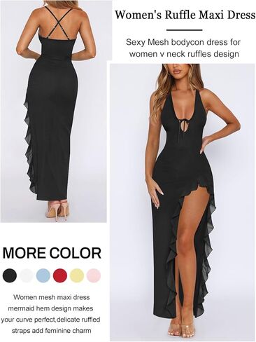 Women's Sexy Wedding Guest Dress Mesh Halter High Slit Ruffle Maxi Dress Formal Cocktail Dresses for Women in Saudi Arabia