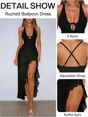 Women's Sexy Wedding Guest Dress Mesh Halter High Slit Ruffle Maxi Dress Formal Cocktail Dresses for Women in Saudi Arabia