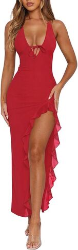 Women's Sexy Wedding Guest Dress Mesh Halter High Slit Ruffle Maxi Dress Formal Cocktail Dresses for Women in Saudi Arabia