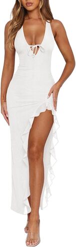 Women's Sexy Wedding Guest Dress Mesh Halter High Slit Ruffle Maxi Dress Formal Cocktail Dresses for Women in Saudi Arabia