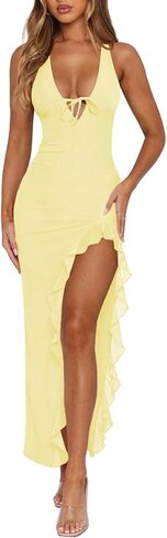Women's Sexy Wedding Guest Dress Mesh Halter High Slit Ruffle Maxi Dress Formal Cocktail Dresses for Women in Saudi Arabia