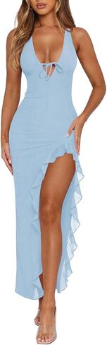 Women's Sexy Wedding Guest Dress Mesh Halter High Slit Ruffle Maxi Dress Formal Cocktail Dresses for Women in Saudi Arabia