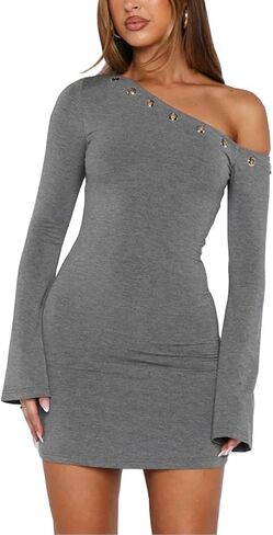 Women's One Shoulder Metal Ring Mini Dresses Sexy Flared Long Sleeve Slim Fit Bodycon Club Party Y2K Fall Dresses in Saudi Arabia