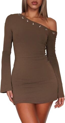 Women's One Shoulder Metal Ring Mini Dresses Sexy Flared Long Sleeve Slim Fit Bodycon Club Party Y2K Fall Dresses in Saudi Arabia