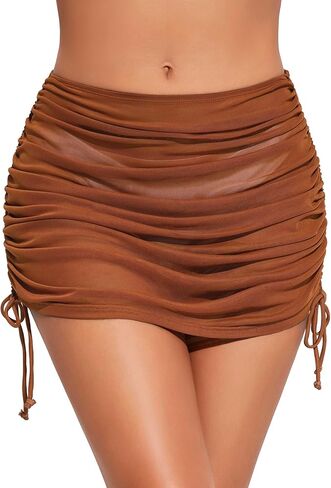 Women Swimsuit Cover Up Skirt Drawstring Ruched Bathing Suit Wraps Skirt Mesh Sheer Beach Swim Sarong Skirt in Saudi Arabia