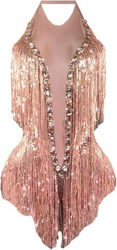 Women's Sparkly Crystals Sequins Fringes Bodysuit Sexy Backless Dance Costume for Stage Performances in Saudi Arabia