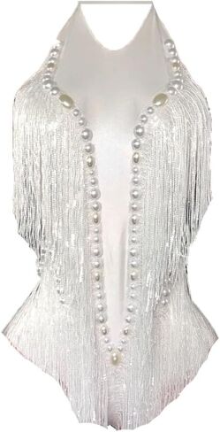 Women's Sparkly Crystals Sequins Fringes Bodysuit Sexy Backless Dance Costume for Stage Performances in Saudi Arabia