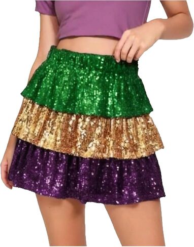 Sequin Mini Skirt for Women - Sparkly Ruffle Hem High Waist Party Skirt, Great for Mardi Gras in Saudi Arabia