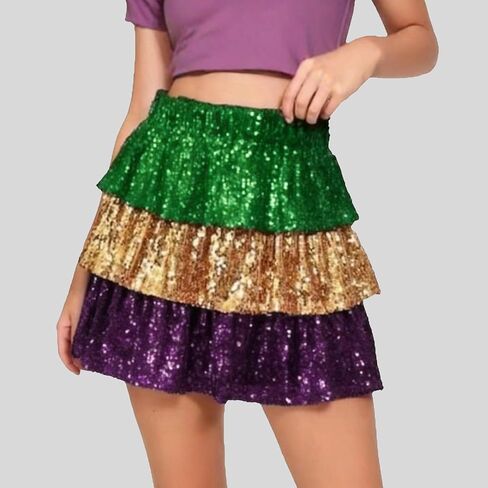 Sequin Mini Skirt for Women - Sparkly Ruffle Hem High Waist Party Skirt, Great for Mardi Gras in Saudi Arabia