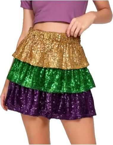 Sequin Mini Skirt for Women - Sparkly Ruffle Hem High Waist Party Skirt, Great for Mardi Gras in Saudi Arabia