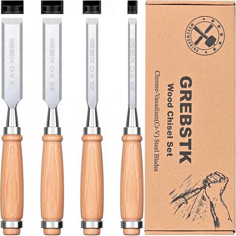 GREBSTK 4-Piece Ultra-Sharp Wood Chisel Set, CR-V Steel Beveled Blades with Guards, Comfortable & Durable Handle, for Carving, DIY & Woodworking (1/4", 1/2", 3/4", 1") in Saudi Arabia
