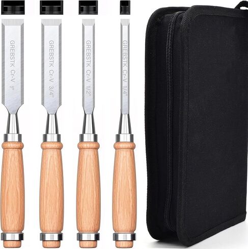 GREBSTK 9.5in Wood Chisel Set for Woodworking, 4pcs Chrome Vanadium Steel Bevel-Edge Bench Chisels with Cap, Comfortable Beech High Impact Handle in Saudi Arabia