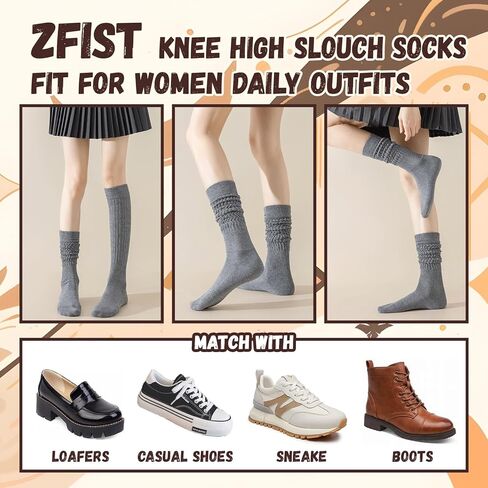 جوارب ZFiSt Slouch للنساء، 6 أزواج من الجوارب الطويلة للركبة، جوارب طويلة مريحة لتدفئة الساق مقاس 6-11 بوصة in Saudi Arabia