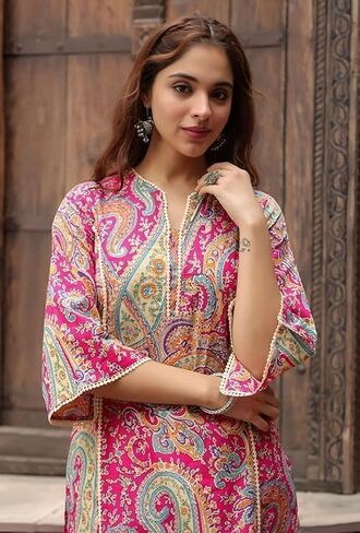 Women's Rayon Ethnic Pink Paisley Printed Straight Kurti with 3/4 Sleeves – Stylish Daily & Festive Wear pink carry in Saudi Arabia