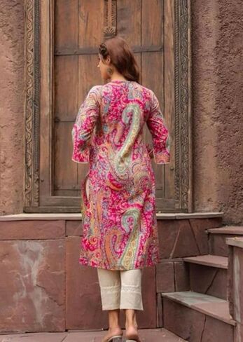 Women's Rayon Ethnic Pink Paisley Printed Straight Kurti with 3/4 Sleeves – Stylish Daily & Festive Wear pink carry in Saudi Arabia