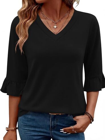LOMON 3/4 Length Sleeve Womens Tops 2026 Spring V-Neck Ruffle Blouses Dressy Casual Shirts Beach Vacation Tunic in Saudi Arabia