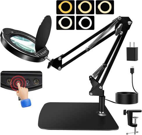 10X Magnifying Glass with Light and Clamp,Real Glass Lens,3 Color Modes,Stepless Dimmable,LED Magnifying Lamp for Reading Close Work Painting Craft Soldering Sewing Hobby in Saudi Arabia