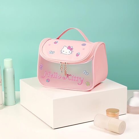 Cute Cartoon Womens Toiletry Bag, PU Leather Translucent Waterproof Toiletries Bag, Travel Makeup Bag Organizer (Pink) in Kuwait