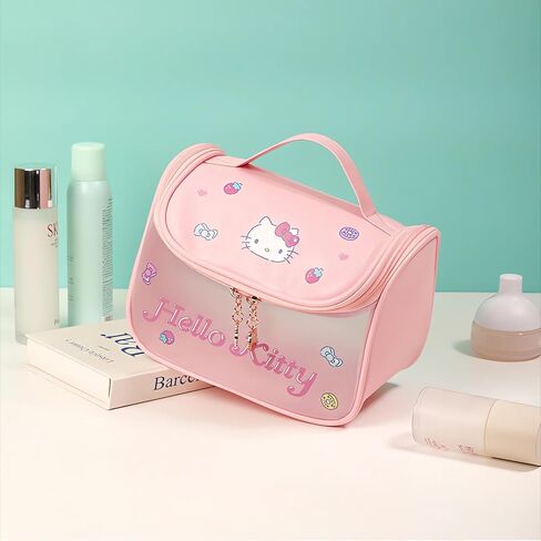 Cute Cartoon Womens Toiletry Bag, PU Leather Translucent Waterproof Toiletries Bag, Travel Makeup Bag Organizer (Pink) in Kuwait
