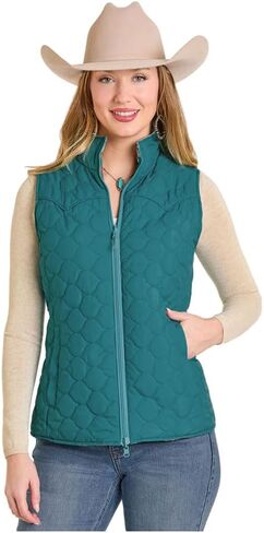 Panhandle Powder River Outfitters Women's Aztec Reversible Quilted Vest - Turquoise in Saudi Arabia