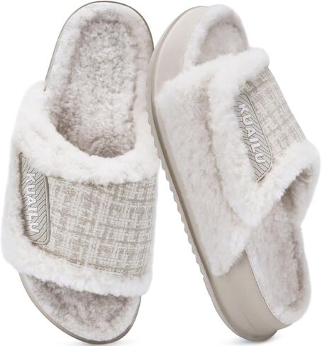 KuaiLu Cushion Slippers For Women with Orthotic Arch Support Wide Adjustable Open Toe Furry Fur Sandals in Saudi Arabia