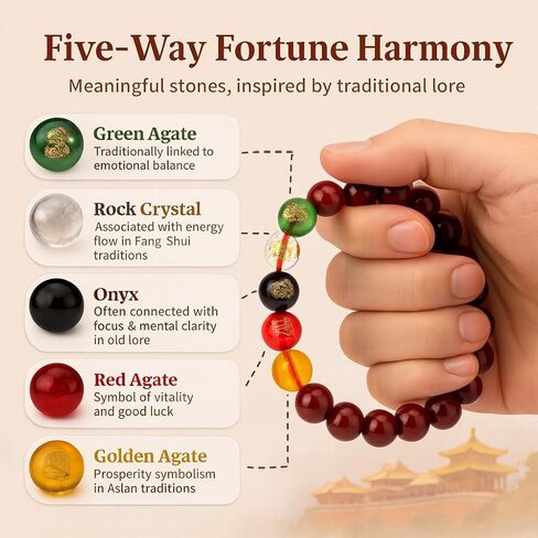 LINGYUAN Feng Shui Wealth and Luck Bracelet with Gold Foil Five Gods Amulet-Red Agate Cinnabar Gemstone Bracelet for Prosperity, Protection & Success, Lucky Charm Gift for Men & Women in Kuwait