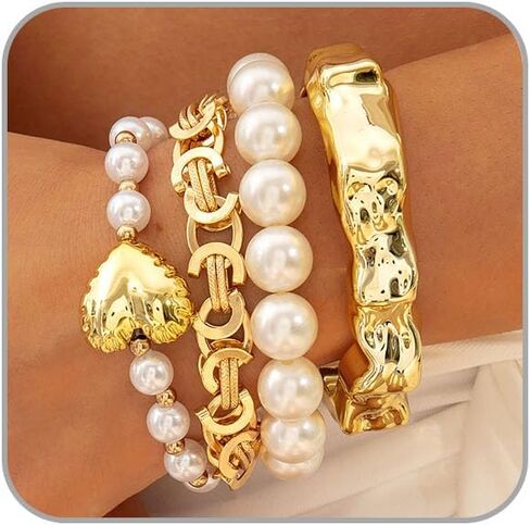 Chunky Gold Bracelets for Women Liquid Pleats Metal Wide Bangle Irregular Baroque Pearl Beaded Bracelet Adjustable Stackable Stretch Imitation Pearl Bracelets Boho Prom Costumes Fashion Jewelry Accessories in Saudi Arabia