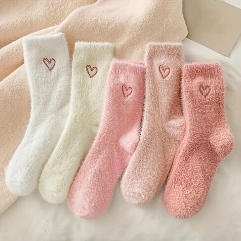 5 Pairs Women's Fluffy Heart Embroidery Mid-Crew Socks, Plush Thermal Non-Slip Winter Socks for Home (US 6-9) in Saudi Arabia