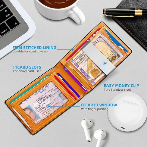 Slim Wallet Men,Leather Wallet Money Clip Gift for Men 11 Cards 3"X4.3",RFID Blocking in Saudi Arabia