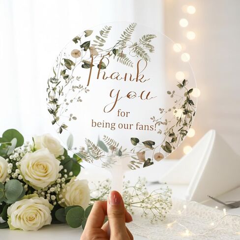 Kathfly 50 Pcs Wedding Fans for Guests Bulk Plastic Clear Round Decorative Fans with Handle Thank You for Being Our Fan Gift for Ceremony Bridal Baby Shower Party Favors Decoration(Green Leaf) in Saudi Arabia
