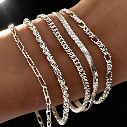 5Pcs Sliver Bracelets for Women Waterproof, Fashionable Jewelry Sets Trendy Thin Dainty Stackable Cuban Link Paperclip Chain Bracelet Pack，Fashion Accessories Gifts for Womens in Saudi Arabia