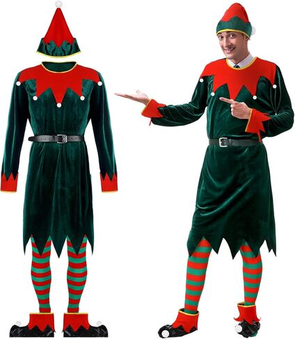مجموعة أزياء Newcotte Christmas Men Elf - بدلة أزياء Elf للكبار، قبعة، فستان سانتا، جورب، حذاء، حزام - عيد الميلاد in Saudi Arabia
