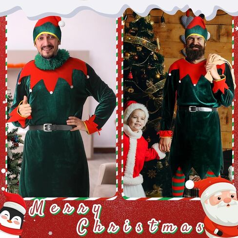 مجموعة أزياء Newcotte Christmas Men Elf - بدلة أزياء Elf للكبار، قبعة، فستان سانتا، جورب، حذاء، حزام - عيد الميلاد in Saudi Arabia