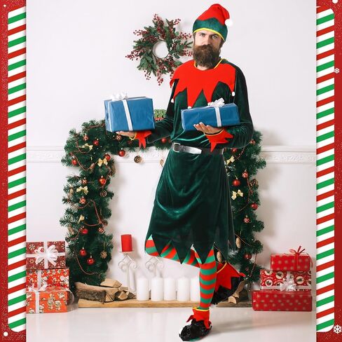 مجموعة أزياء Newcotte Christmas Men Elf - بدلة أزياء Elf للكبار، قبعة، فستان سانتا، جورب، حذاء، حزام - عيد الميلاد in Saudi Arabia